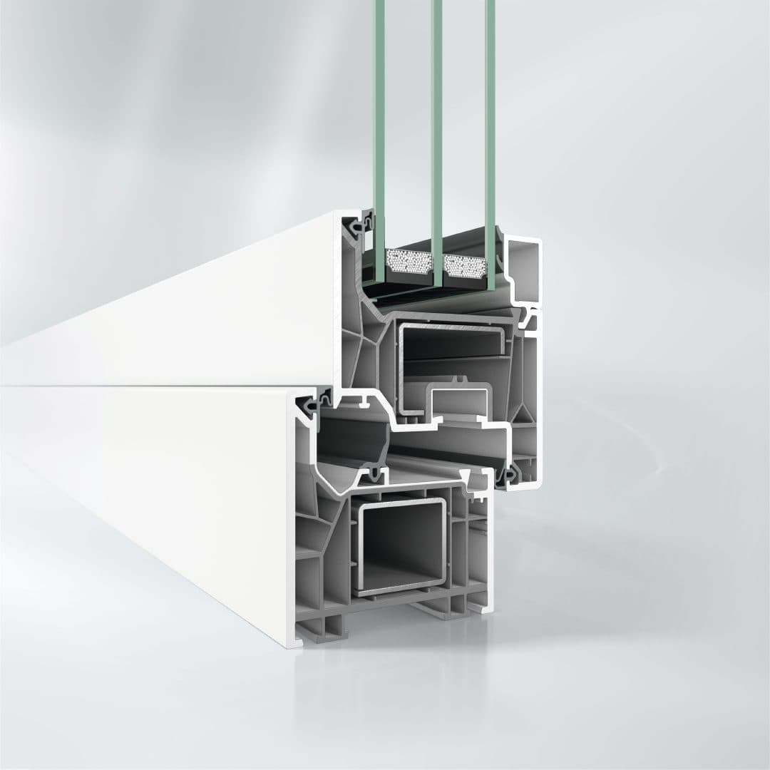 Sección transversal y anatomía interna de ventana Schüco PVC